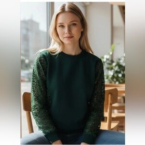 Tory Burch Kammy Lace Sleeve Wool Sweater, Dark Green, Size Small